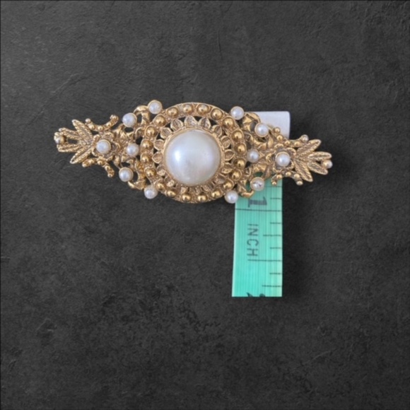 Vintage Victorian Style Gold Tone Filigree with Seed Pearls Bar Brooch Pin - Picture 3 of 4